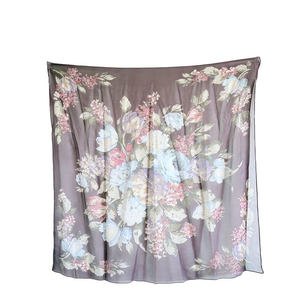 Vintage Echo Silk Scarf Large Square Plum Purple Floral Print 34x34 Hand‎ Rolled